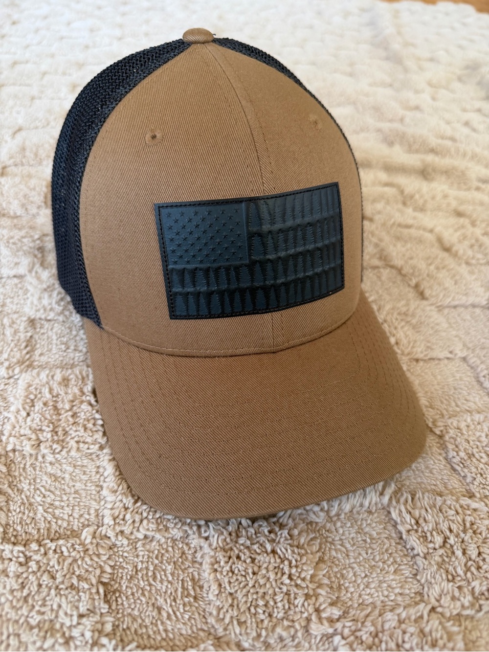 Columbia Flexfit Trucker Hat Brown Black American Flag Patch Cap
